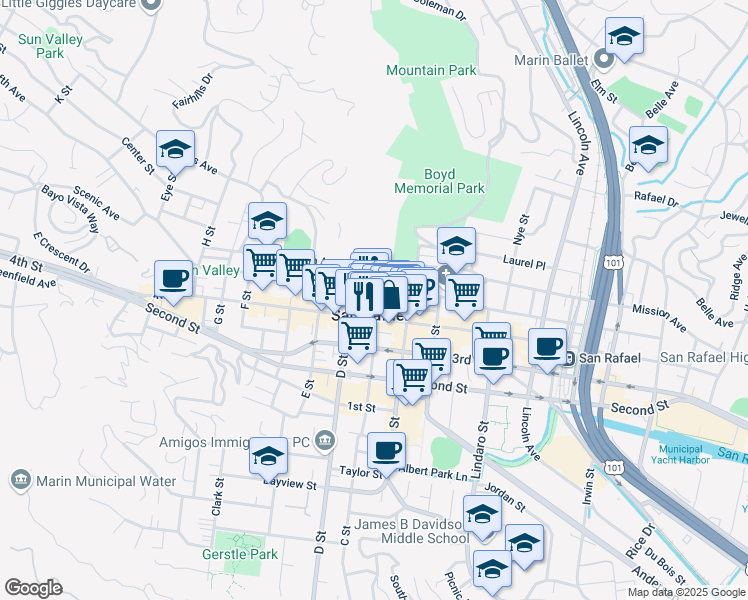 map of restaurants, bars, coffee shops, grocery stores, and more near in San Rafael