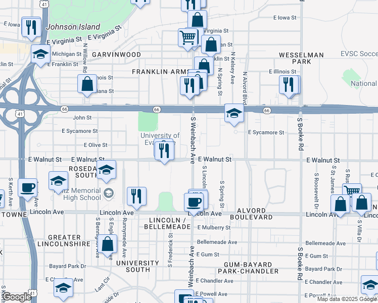map of restaurants, bars, coffee shops, grocery stores, and more near 311 South Weinbach Avenue in Evansville