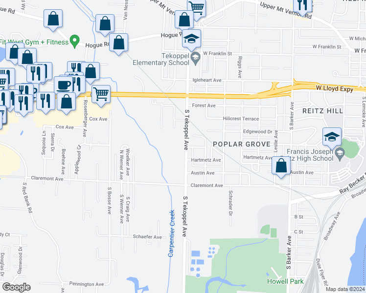 map of restaurants, bars, coffee shops, grocery stores, and more near 229 South Tekoppel Avenue in Evansville