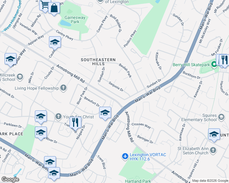 map of restaurants, bars, coffee shops, grocery stores, and more near 3632 Sundart Dr in Lexington