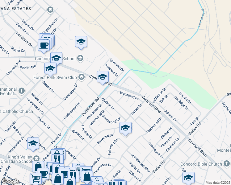 map of restaurants, bars, coffee shops, grocery stores, and more near 4202 Woodland Drive in Concord