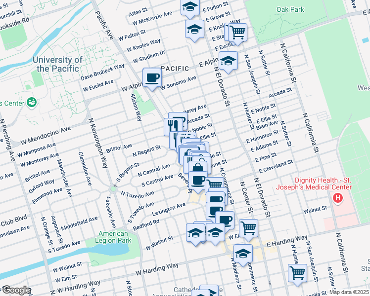 map of restaurants, bars, coffee shops, grocery stores, and more near 2562 Pacific Ave in Stockton