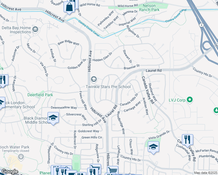 map of restaurants, bars, coffee shops, grocery stores, and more near 4937 Stirrup Way in Antioch