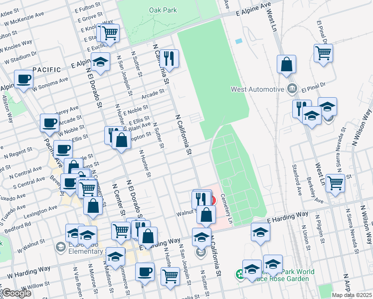 map of restaurants, bars, coffee shops, grocery stores, and more near 2216 North California Street in Stockton