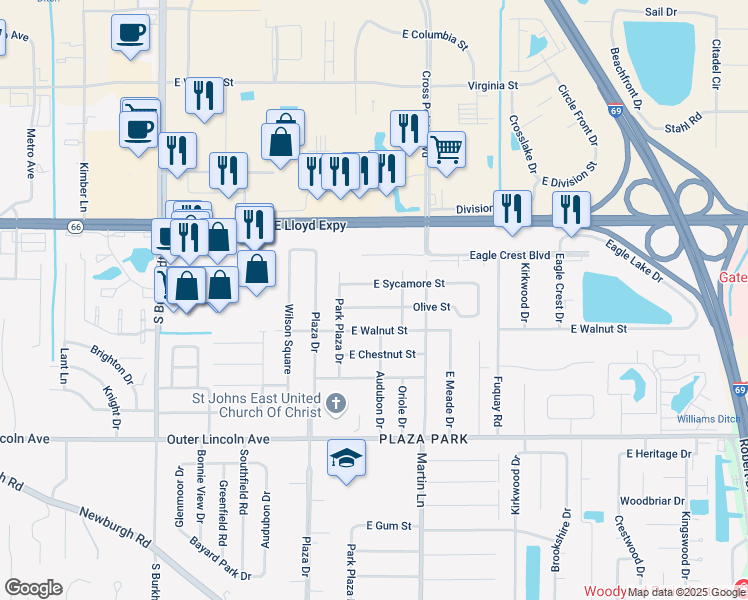 map of restaurants, bars, coffee shops, grocery stores, and more near 7124 Olive Street in Evansville