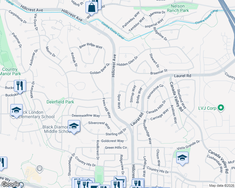 map of restaurants, bars, coffee shops, grocery stores, and more near 4936 Spur Way in Antioch