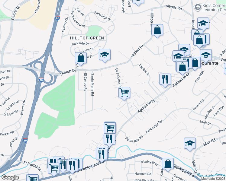 map of restaurants, bars, coffee shops, grocery stores, and more near 24 La Paloma Place in El Sobrante