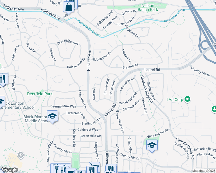 map of restaurants, bars, coffee shops, grocery stores, and more near 4937 Stirrup Way in Antioch