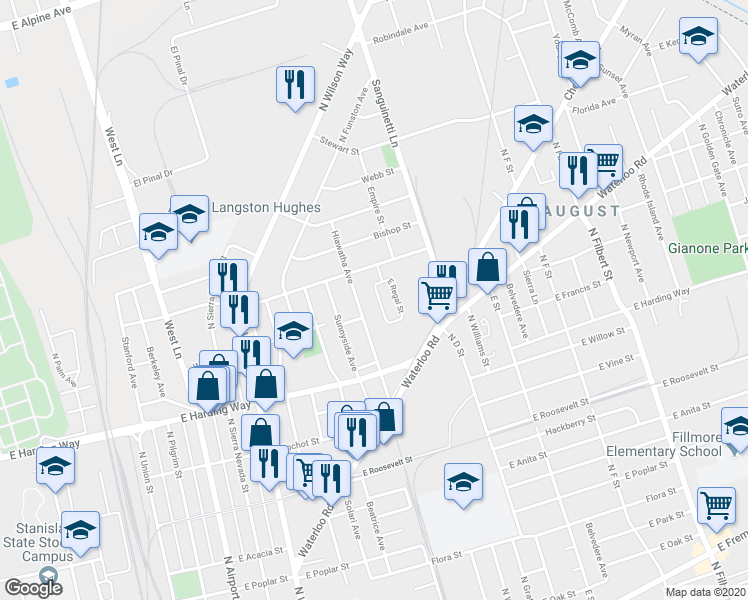 map of restaurants, bars, coffee shops, grocery stores, and more near 1647 West Regal Street in Stockton