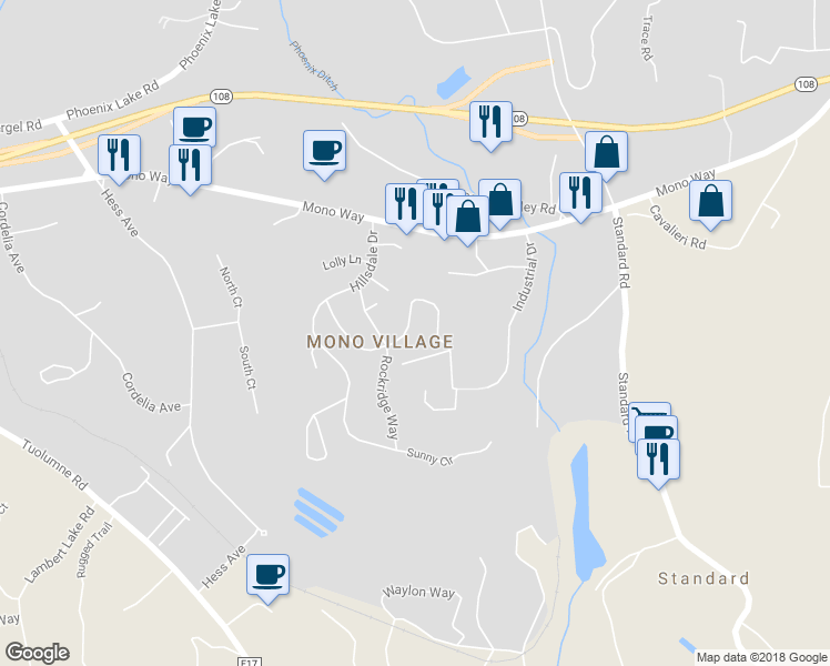 map of restaurants, bars, coffee shops, grocery stores, and more near 14631 Stone Lane in Sonora