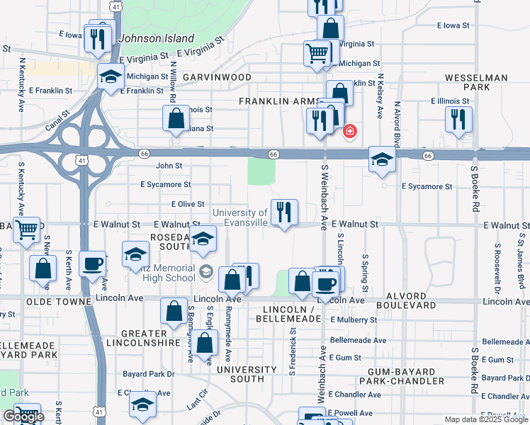 map of restaurants, bars, coffee shops, grocery stores, and more near 1800 Lincoln Avenue in Evansville