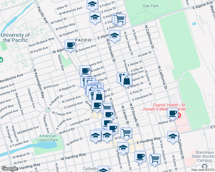 map of restaurants, bars, coffee shops, grocery stores, and more near 12 West Geary Street in Stockton
