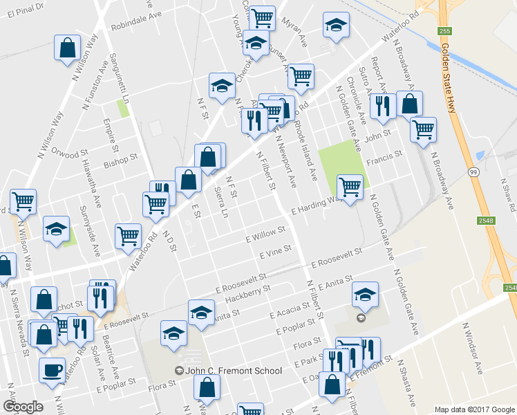 map of restaurants, bars, coffee shops, grocery stores, and more near 1437 North Morrison Avenue in Stockton