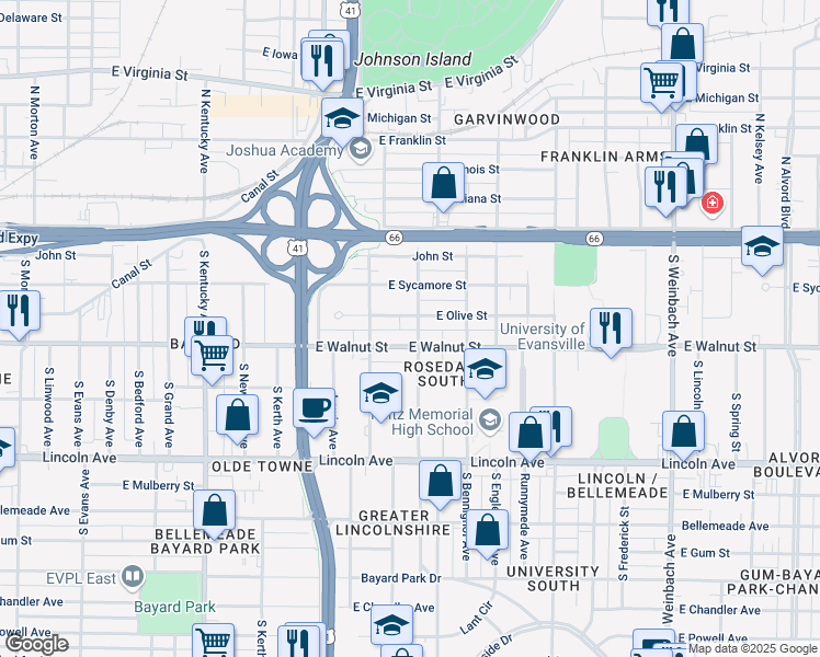 map of restaurants, bars, coffee shops, grocery stores, and more near 1323 East Olive Street in Evansville