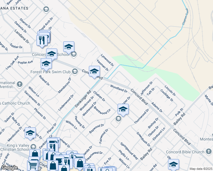 map of restaurants, bars, coffee shops, grocery stores, and more near 4202 Woodland Drive in Concord