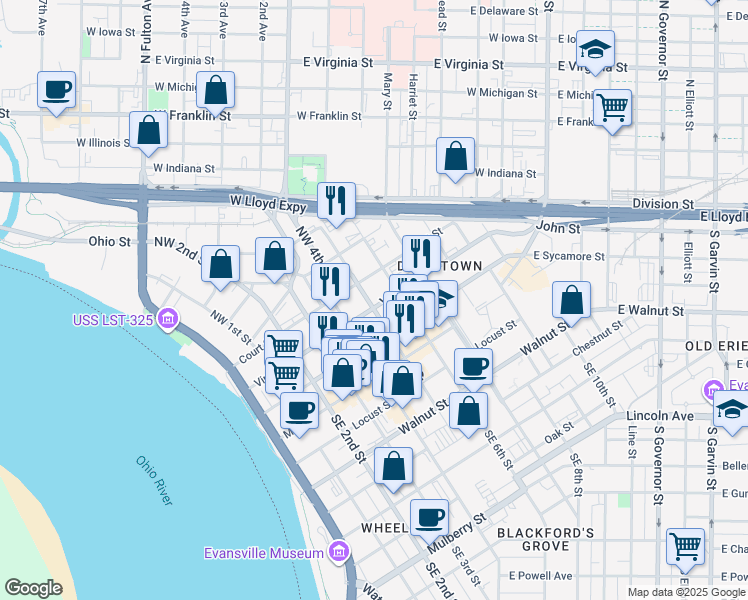 map of restaurants, bars, coffee shops, grocery stores, and more near 203 Northwest 5th Street in Evansville