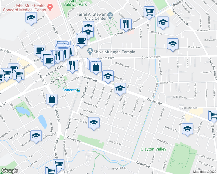 map of restaurants, bars, coffee shops, grocery stores, and more near 2924 Clayton Road in Concord