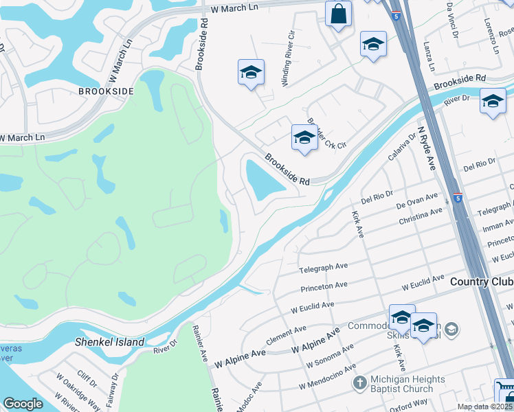map of restaurants, bars, coffee shops, grocery stores, and more near 4259 Pinehurst Circle in Stockton