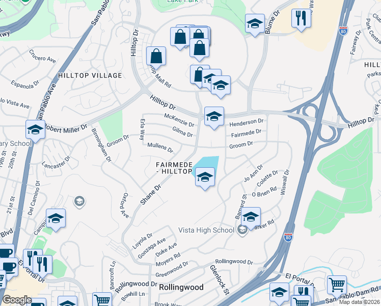 map of restaurants, bars, coffee shops, grocery stores, and more near 3073 Shane Drive in Richmond