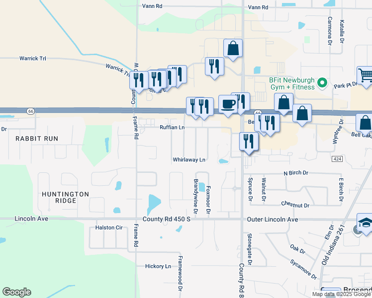 map of restaurants, bars, coffee shops, grocery stores, and more near 4100 Triple Crown Drive in Newburgh