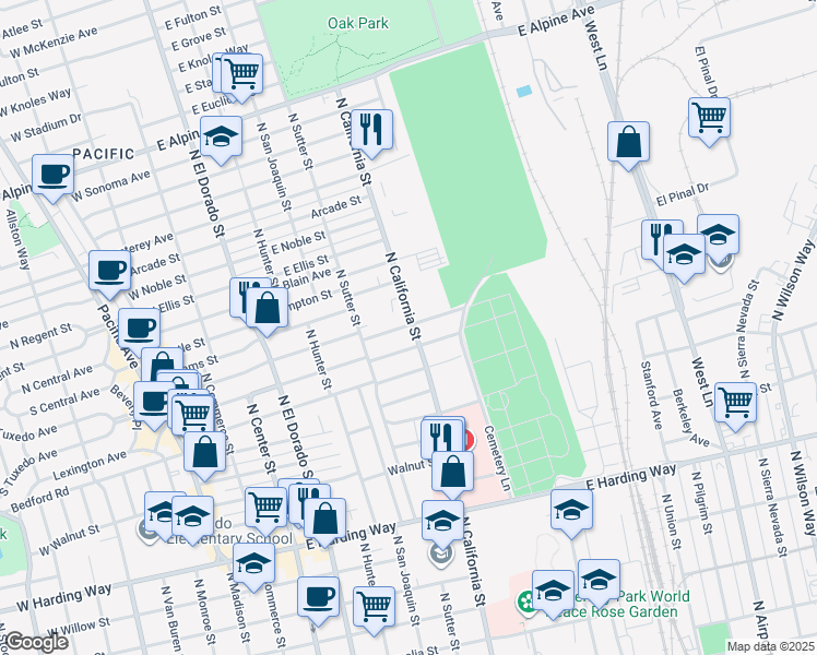 map of restaurants, bars, coffee shops, grocery stores, and more near 2216 North California Street in Stockton