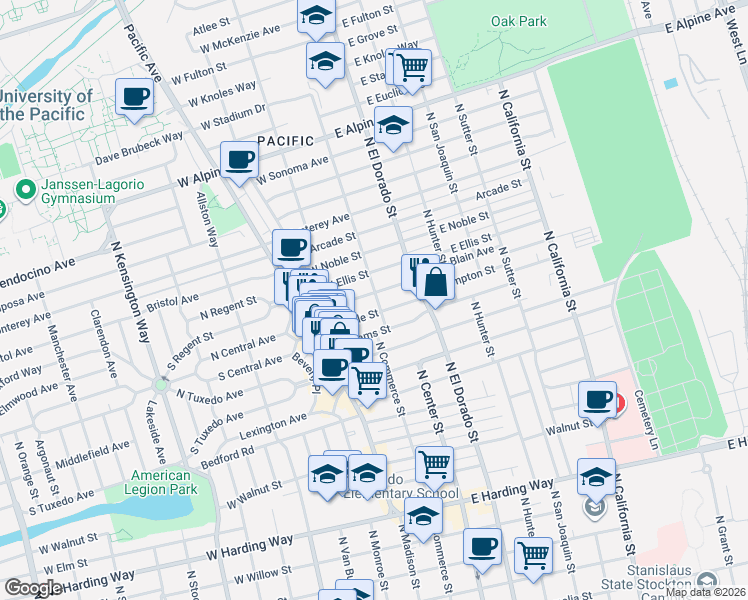 map of restaurants, bars, coffee shops, grocery stores, and more near 12 West Geary Street in Stockton