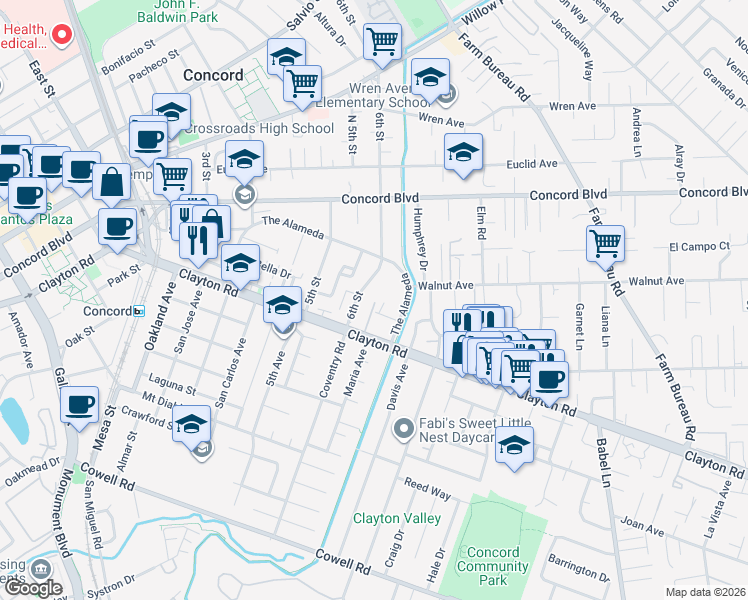 map of restaurants, bars, coffee shops, grocery stores, and more near 3225 Clayton Road in Concord