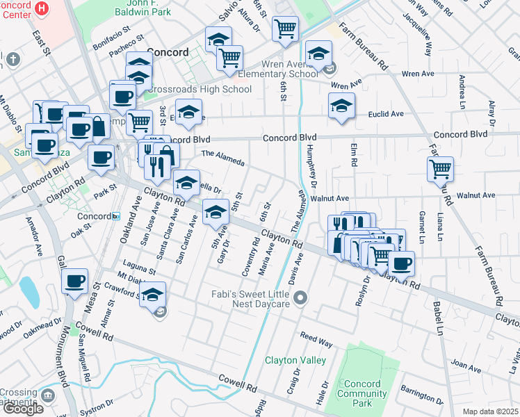 map of restaurants, bars, coffee shops, grocery stores, and more near 1540 Stanford Street in Concord
