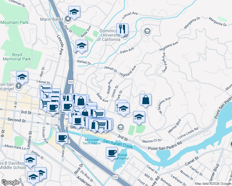 map of restaurants, bars, coffee shops, grocery stores, and more near 123 Park Street in San Rafael