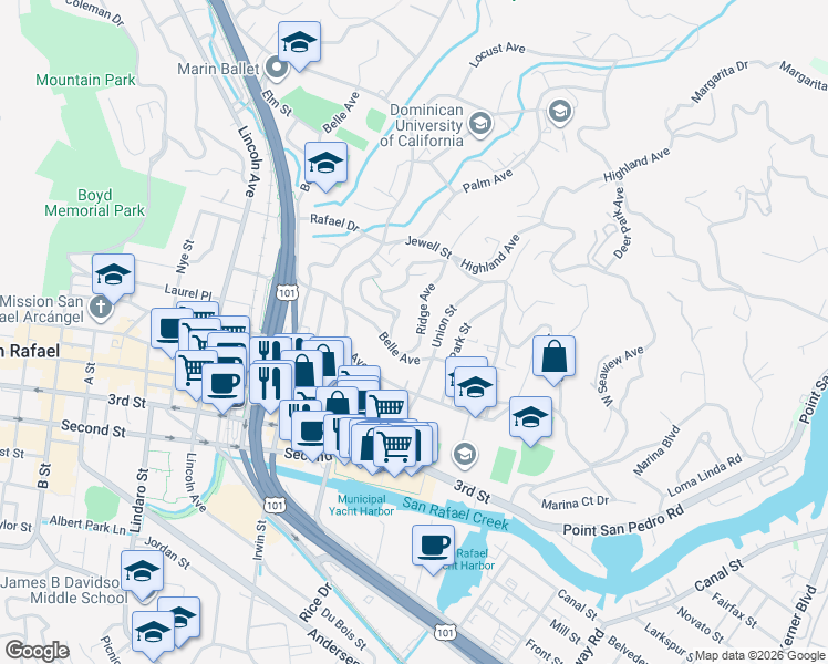 map of restaurants, bars, coffee shops, grocery stores, and more near 27 Ridge Avenue in San Rafael
