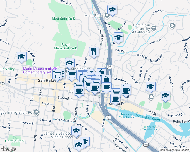 map of restaurants, bars, coffee shops, grocery stores, and more near 711 Mission Avenue in San Rafael