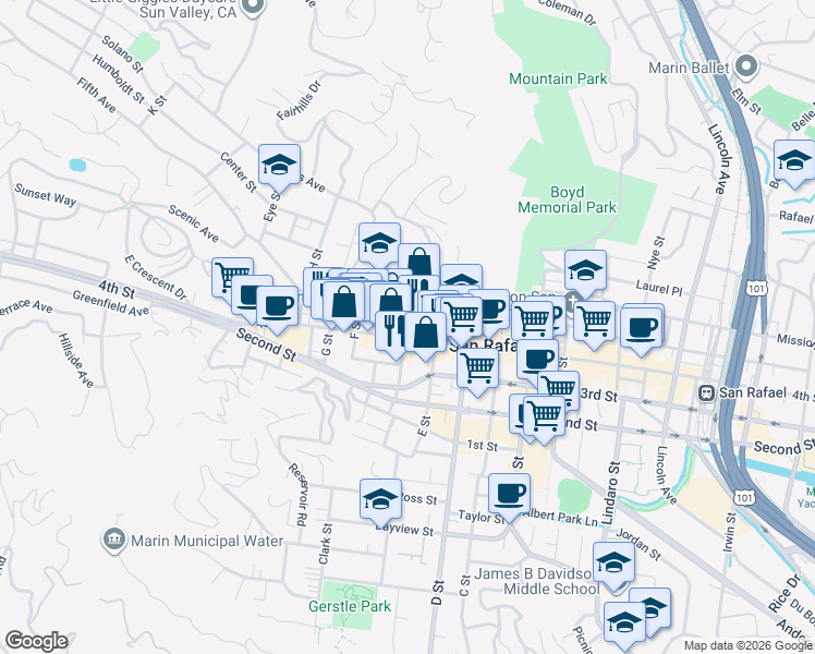 map of restaurants, bars, coffee shops, grocery stores, and more near 1540 4th Street in San Rafael