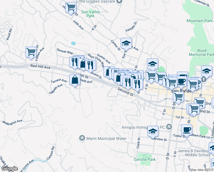 map of restaurants, bars, coffee shops, grocery stores, and more near 221 West End Avenue in San Rafael