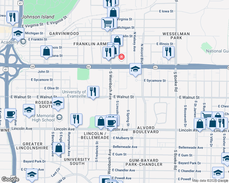 map of restaurants, bars, coffee shops, grocery stores, and more near 311 South Weinbach Avenue in Evansville
