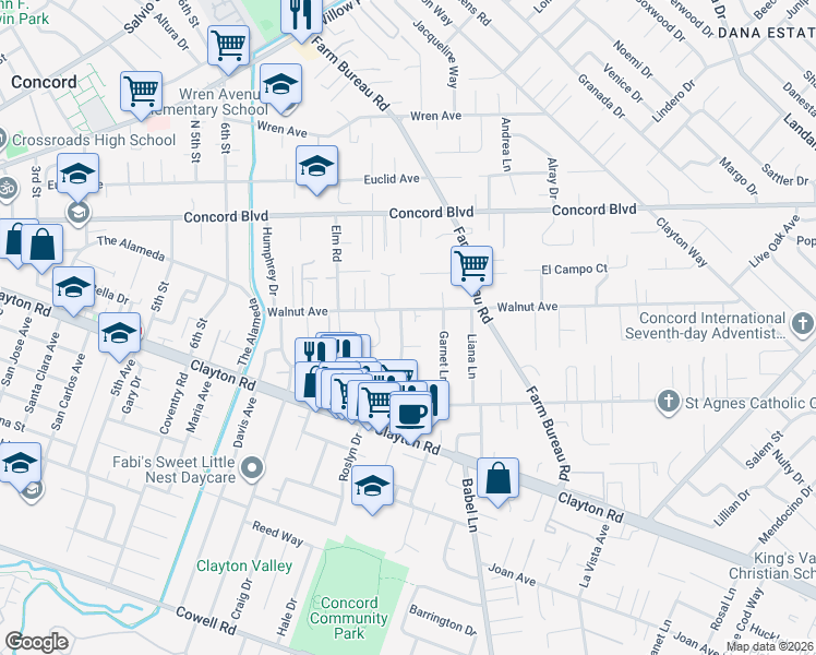 map of restaurants, bars, coffee shops, grocery stores, and more near 1689 Roseland Drive in Concord