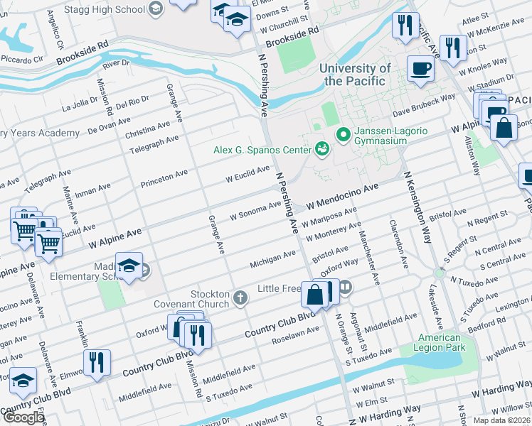 map of restaurants, bars, coffee shops, grocery stores, and more near 1464 West Sonoma Avenue in Stockton