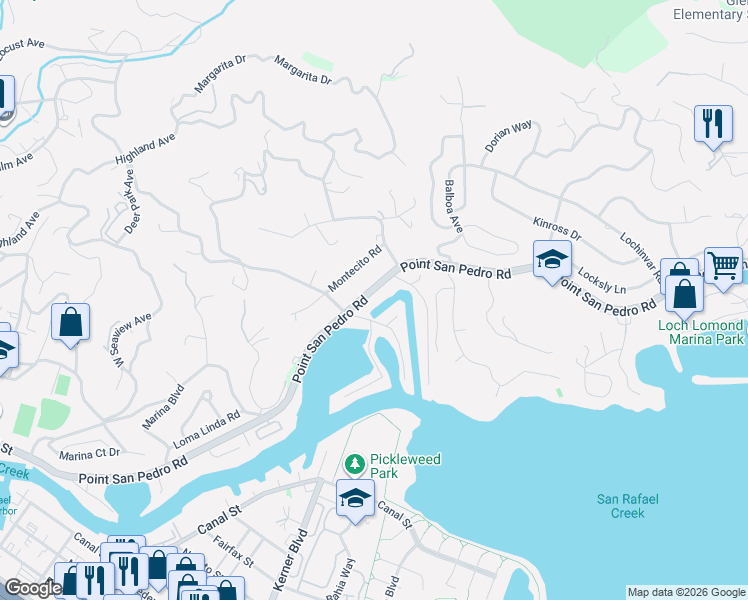 map of restaurants, bars, coffee shops, grocery stores, and more near 306 Point San Pedro Road in San Rafael