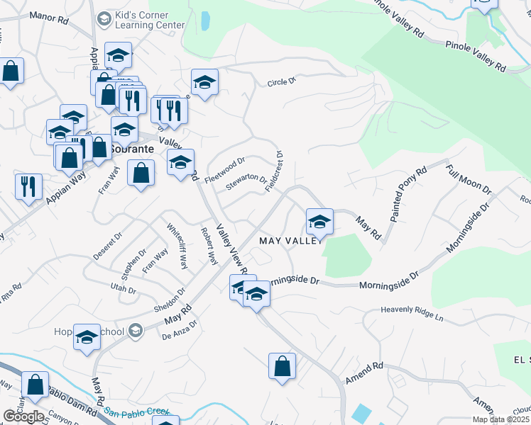 map of restaurants, bars, coffee shops, grocery stores, and more near 3415 May Road in Richmond