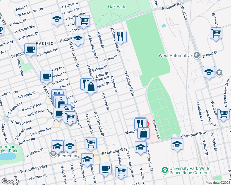 map of restaurants, bars, coffee shops, grocery stores, and more near 2207 North Sutter Street in Stockton