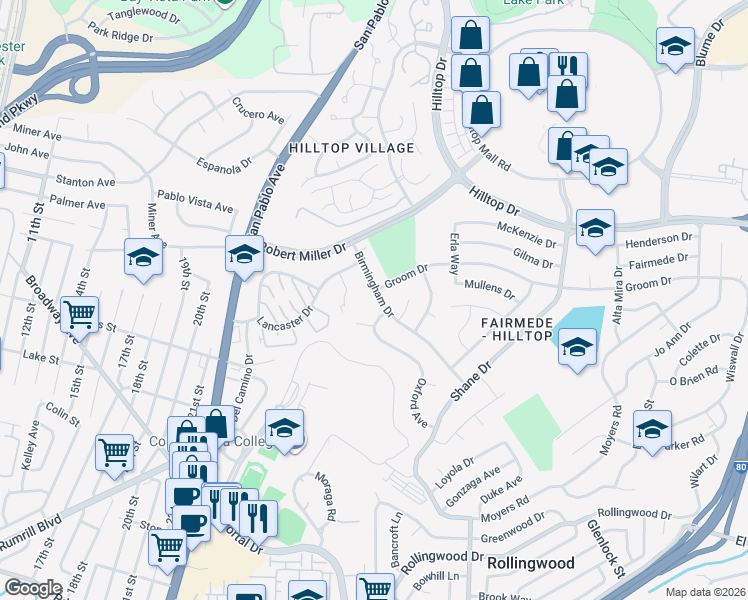 map of restaurants, bars, coffee shops, grocery stores, and more near 3085 Birmingham Drive in Richmond