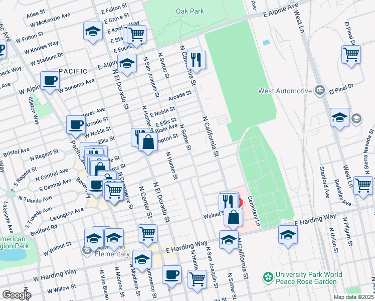 map of restaurants, bars, coffee shops, grocery stores, and more near 2207 North Sutter Street in Stockton