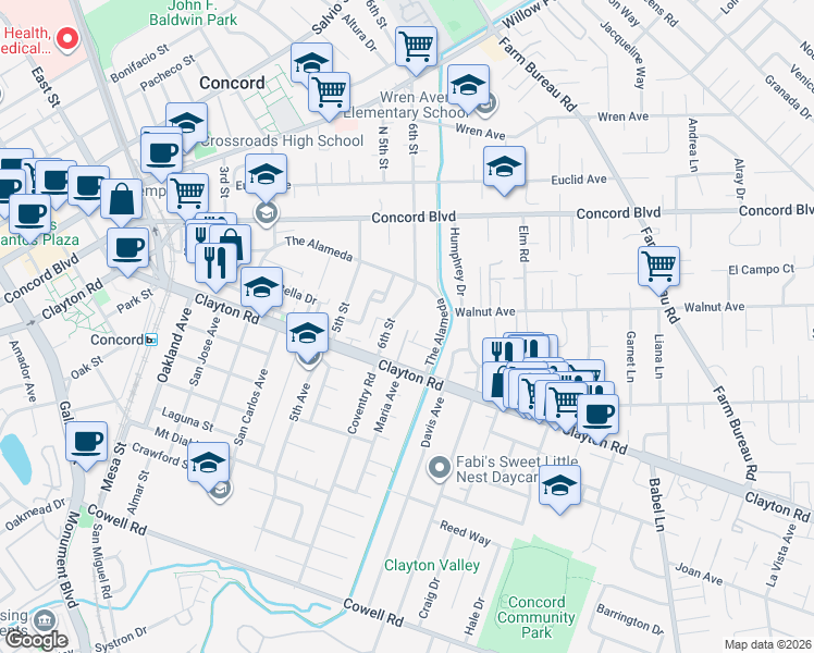 map of restaurants, bars, coffee shops, grocery stores, and more near 3225 Clayton Road in Concord