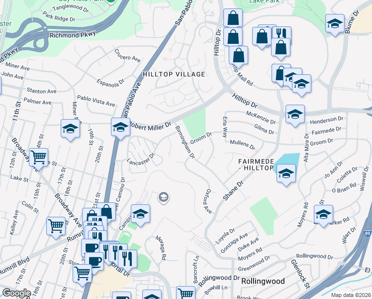 map of restaurants, bars, coffee shops, grocery stores, and more near 3081 Birmingham Drive in Richmond