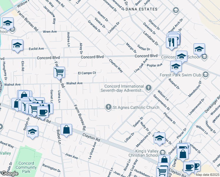 map of restaurants, bars, coffee shops, grocery stores, and more near 1685 Westchester Place in Concord