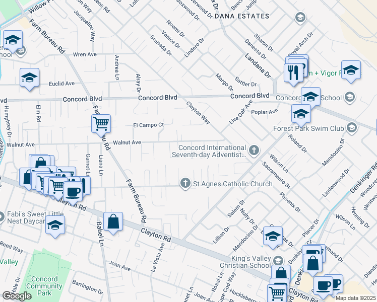 map of restaurants, bars, coffee shops, grocery stores, and more near 1685 Westchester Place in Concord