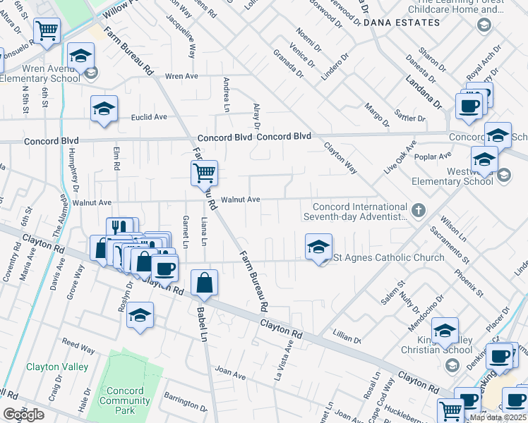 map of restaurants, bars, coffee shops, grocery stores, and more near 1684 Walnut Place in Concord