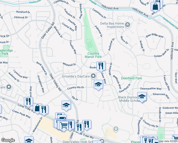 map of restaurants, bars, coffee shops, grocery stores, and more near 4437 Buckskin Drive in Antioch