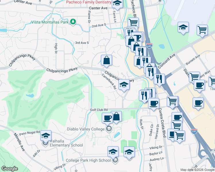 map of restaurants, bars, coffee shops, grocery stores, and more near 142 Shadow Mountain Court in Pleasant Hill