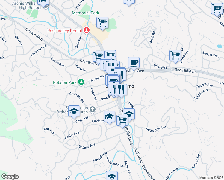 map of restaurants, bars, coffee shops, grocery stores, and more near 145A Tunstead Avenue in San Anselmo