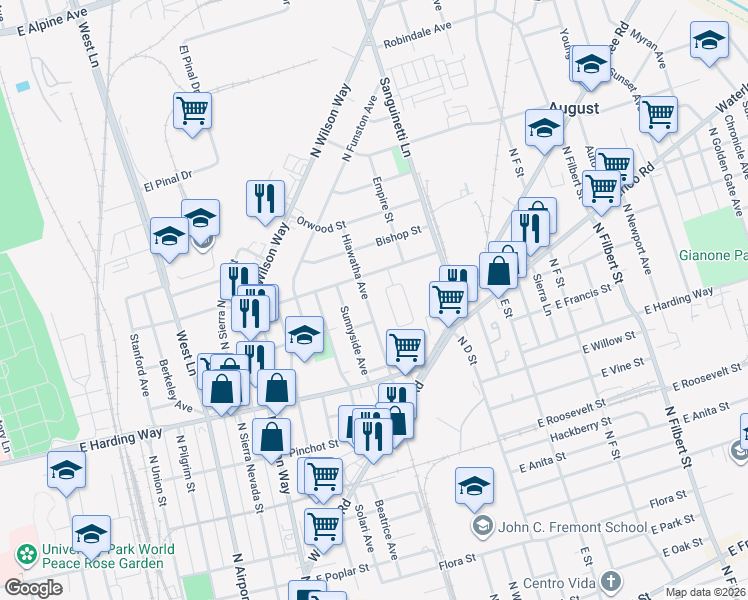 map of restaurants, bars, coffee shops, grocery stores, and more near 1641 West Regal Street in Stockton